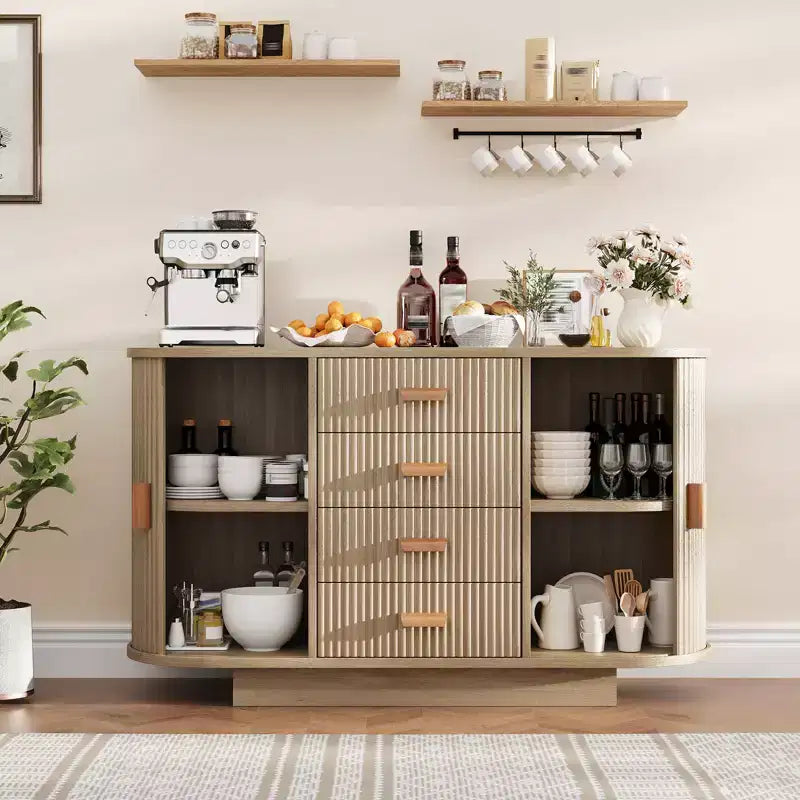 CuisinSmart 47 Modern Fluted Buffet Sideboard with 4 Drawers, Farmhouse Large Buffet Cabinet with 2 Arched Sliding Doors- Coffee Bar for Dining Room