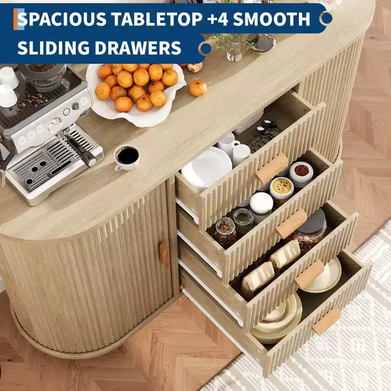 CuisinSmart 47 Modern Fluted Buffet Sideboard with 4 Drawers, Farmhouse Large Buffet Cabinet with 2 Arched Sliding Doors- Coffee Bar for Dining Room