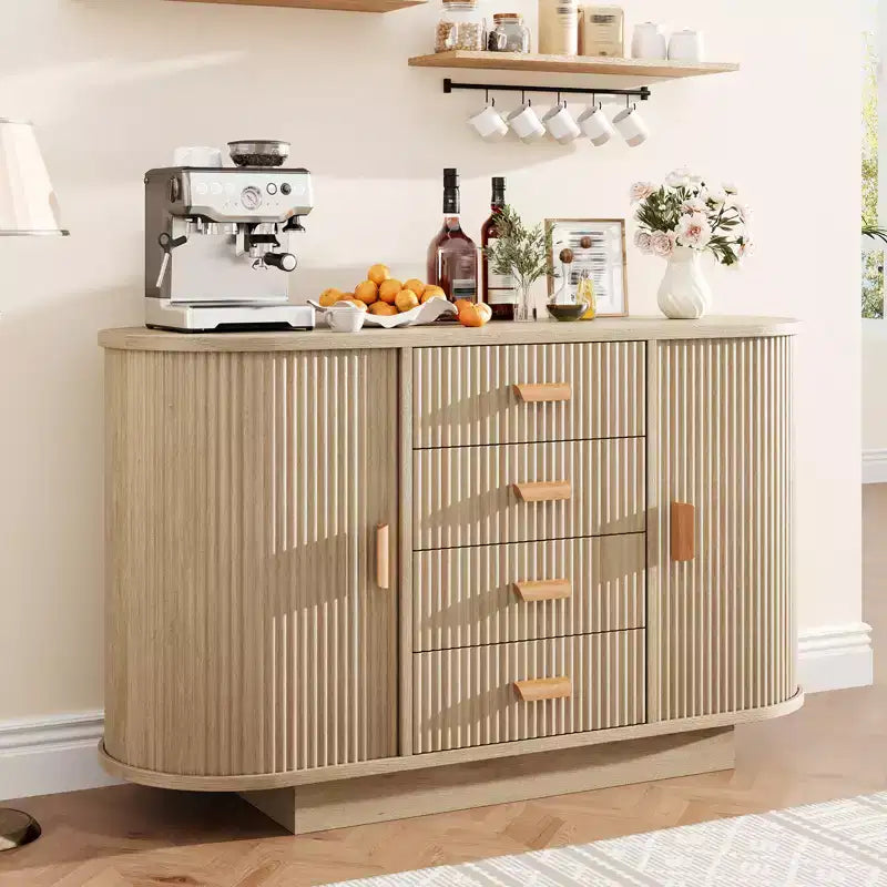 CuisinSmart 47 Modern Fluted Buffet Sideboard with 4 Drawers, Farmhouse Large Buffet Cabinet with 2 Arched Sliding Doors- Coffee Bar for Dining Room