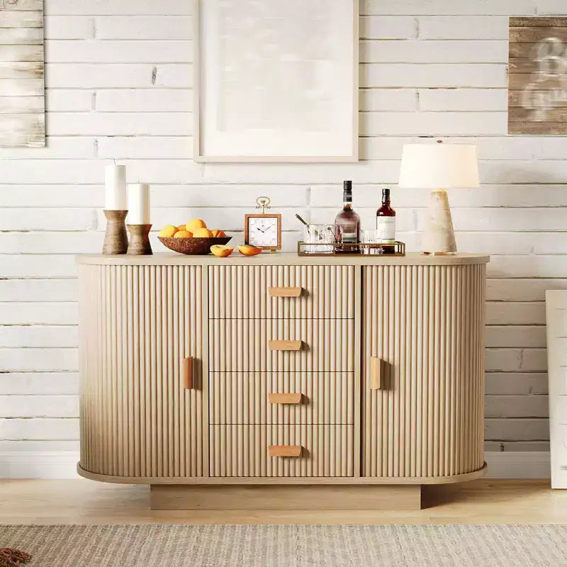 CuisinSmart 47 Modern Fluted Buffet Sideboard with 4 Drawers, Farmhouse Large Buffet Cabinet with 2 Arched Sliding Doors- Coffee Bar for Dining Room