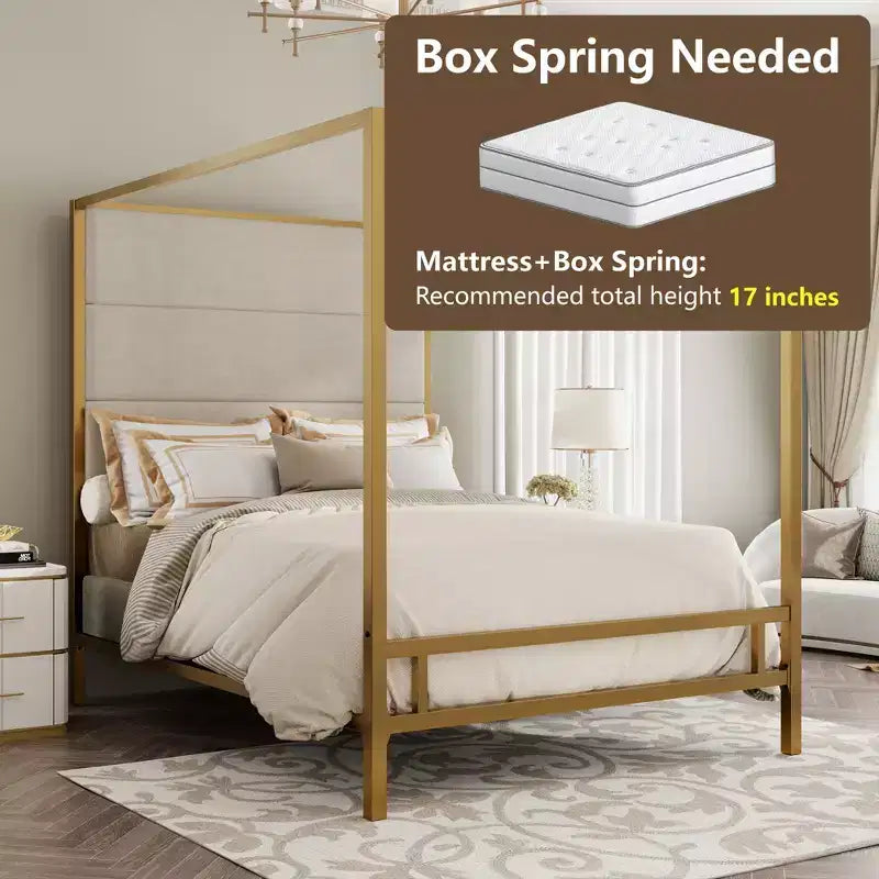 Patrick Modern Queen Canopy Bed with Tall Velvet Upholstered Headboard