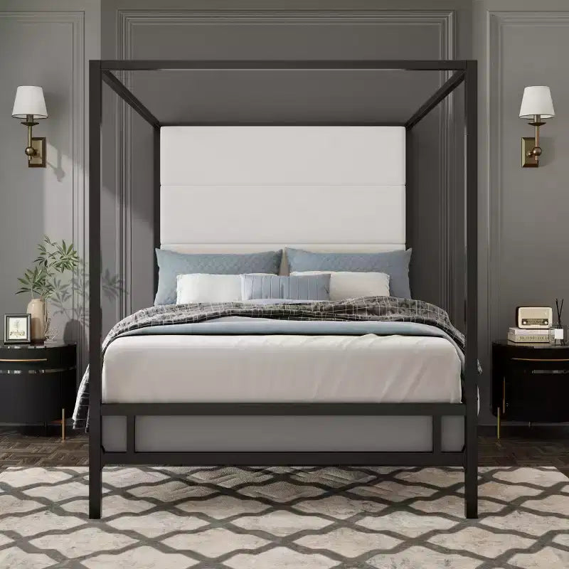 Patrick Modern Queen Canopy Bed with Tall Velvet Upholstered Headboard