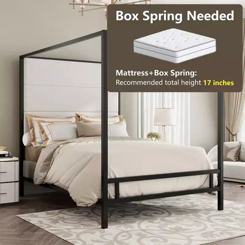 Patrick Modern Queen Canopy Bed with Tall Velvet Upholstered Headboard