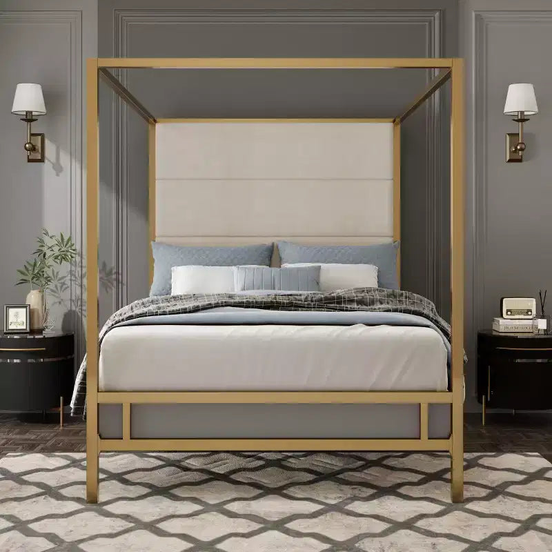 Patrick Modern Queen Canopy Bed with Tall Velvet Upholstered Headboard