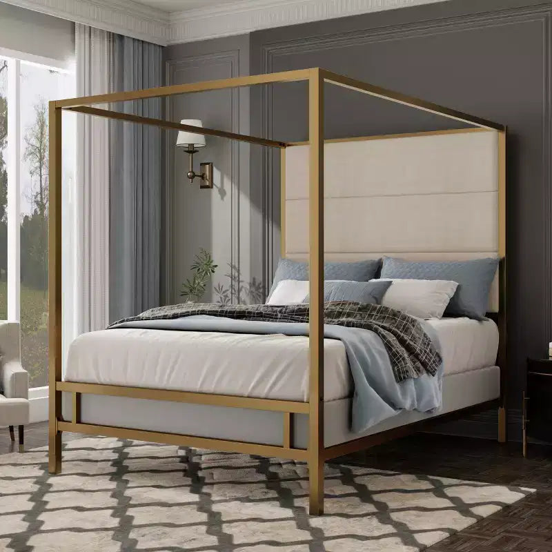 Patrick Modern Queen Canopy Bed with Tall Velvet Upholstered Headboard