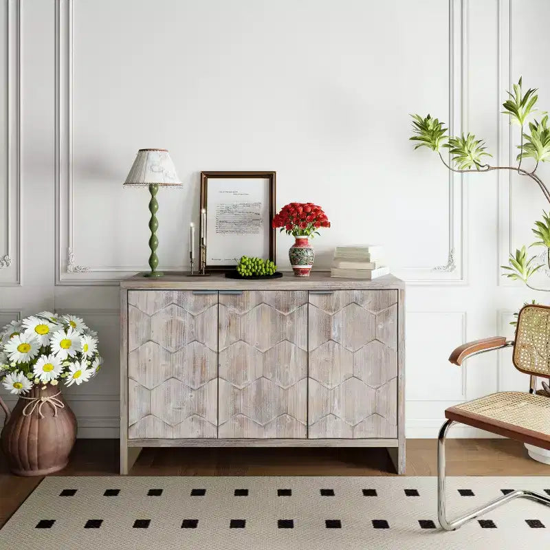 Farmhouse Accent Cabinet, Sideboard Cabinet with Four Carved Patterns Doors, Storage Cabinet for Kitchen, Dining Room, Entryway