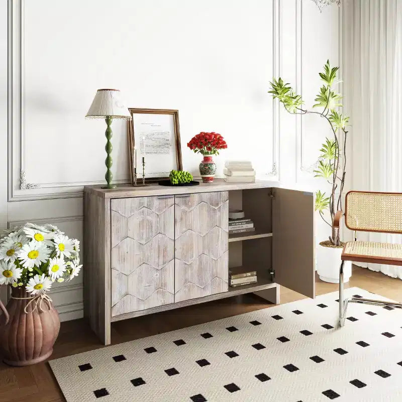 Farmhouse Accent Cabinet, Sideboard Cabinet with Four Carved Patterns Doors, Storage Cabinet for Kitchen, Dining Room, Entryway