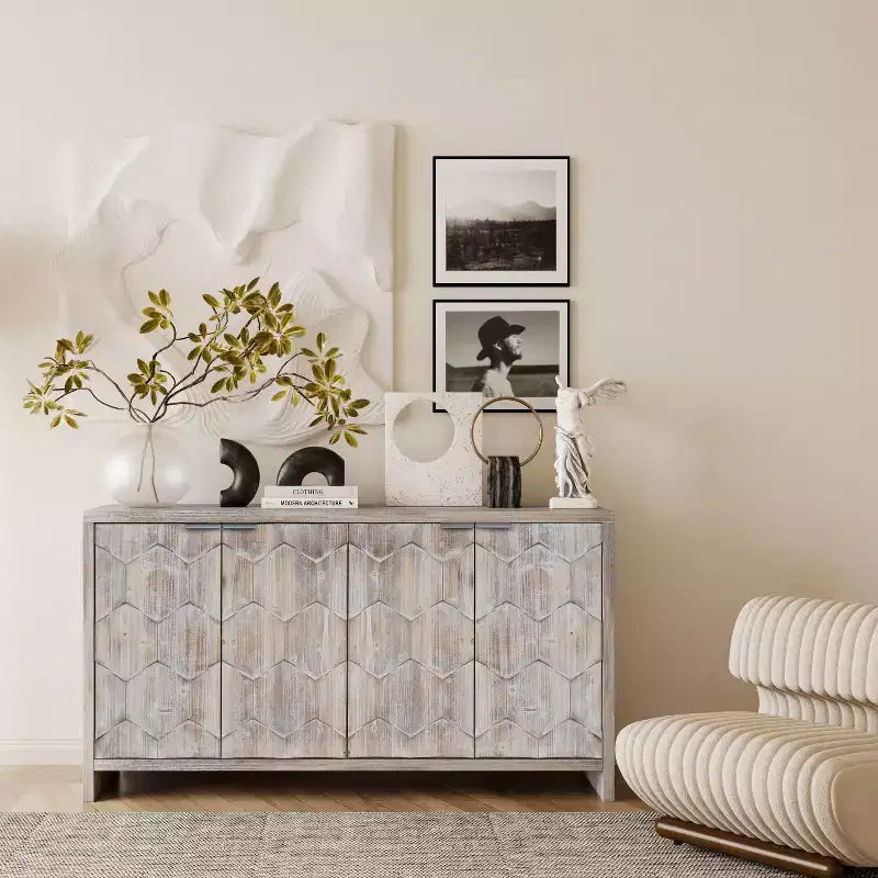 Farmhouse Accent Cabinet, Sideboard Cabinet with Four Carved Patterns Doors, Storage Cabinet for Kitchen, Dining Room, Entryway