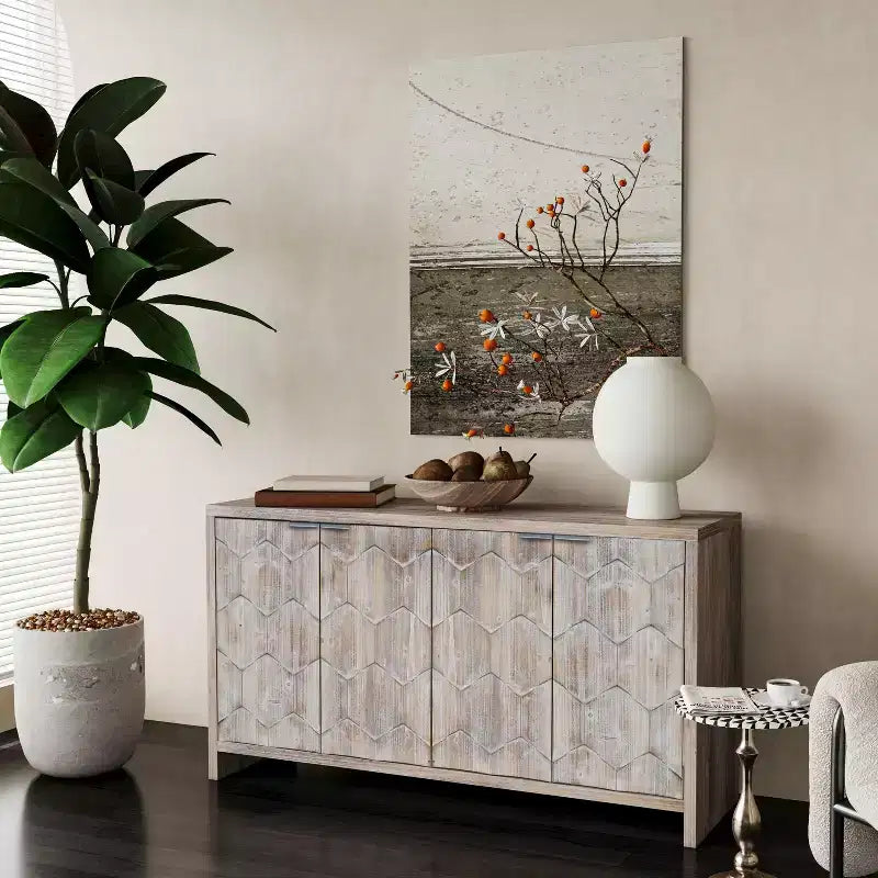 Farmhouse Accent Cabinet, Sideboard Cabinet with Four Carved Patterns Doors, Storage Cabinet for Kitchen, Dining Room, Entryway