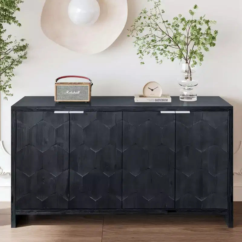 Farmhouse Accent Cabinet, Sideboard Cabinet with Four Carved Patterns Doors, Storage Cabinet for Kitchen, Dining Room, Entryway
