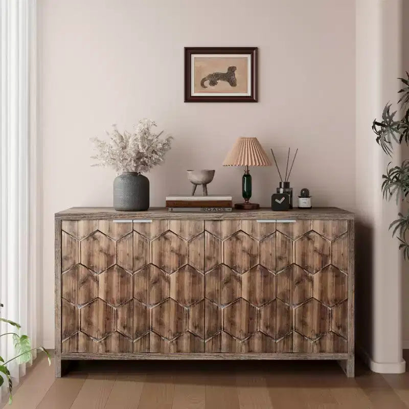 Farmhouse Accent Cabinet, Sideboard Cabinet with Four Carved Patterns Doors, Storage Cabinet for Kitchen, Dining Room, Entryway