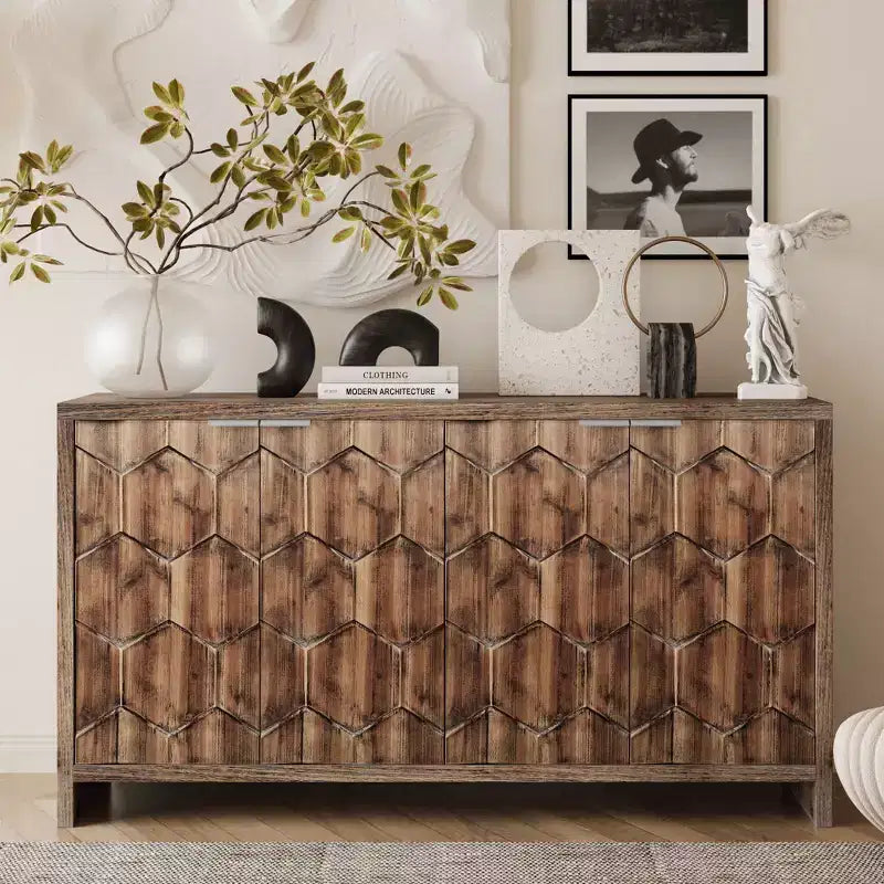Farmhouse Accent Cabinet, Sideboard Cabinet with Four Carved Patterns Doors, Storage Cabinet for Kitchen, Dining Room, Entryway