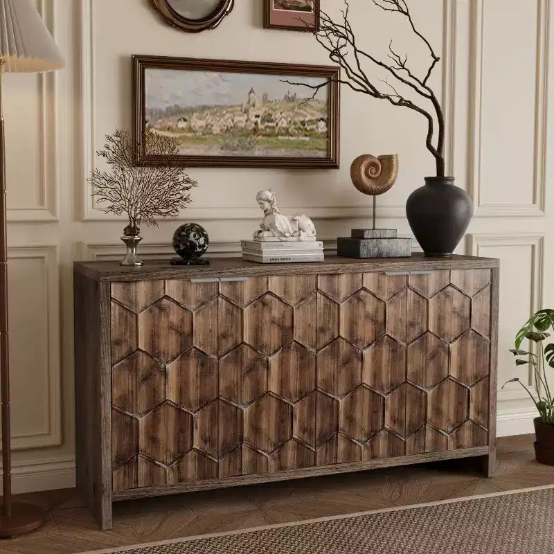 Farmhouse Accent Cabinet, Sideboard Cabinet with Four Carved Patterns Doors, Storage Cabinet for Kitchen, Dining Room, Entryway