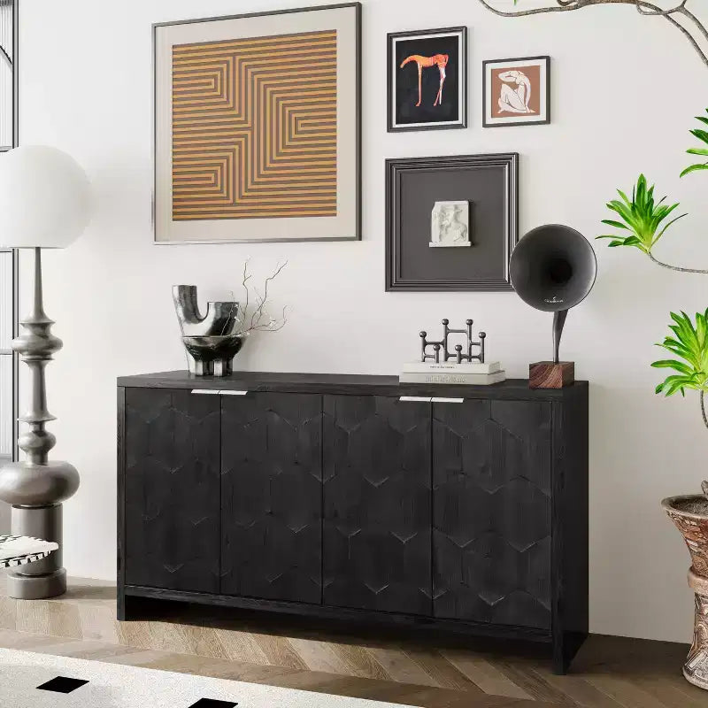 Farmhouse Accent Cabinet, Sideboard Cabinet with Four Carved Patterns Doors, Storage Cabinet for Kitchen, Dining Room, Entryway