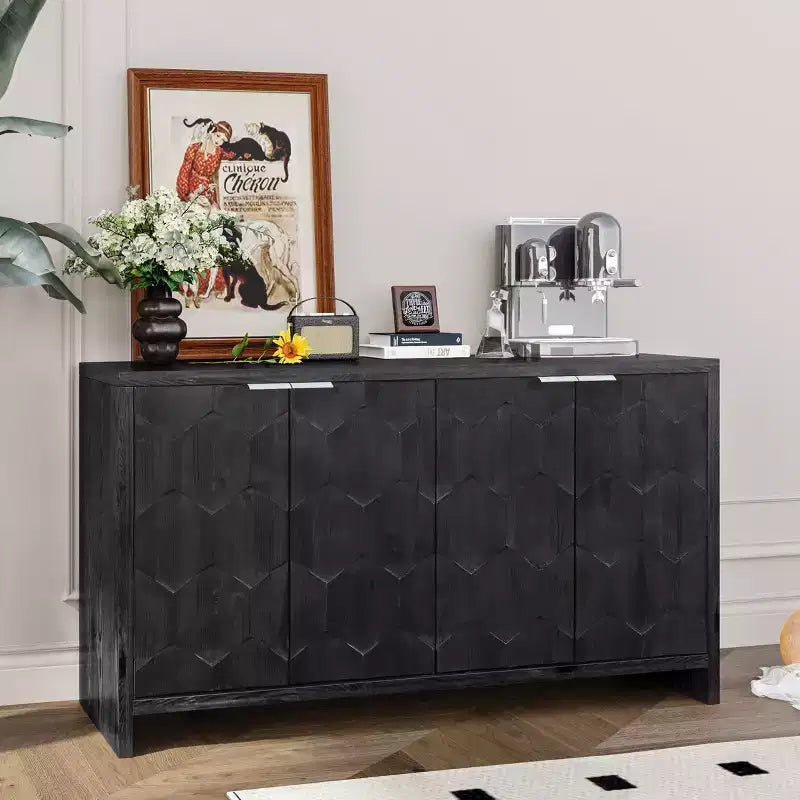 Farmhouse Accent Cabinet, Sideboard Cabinet with Four Carved Patterns Doors, Storage Cabinet for Kitchen, Dining Room, Entryway