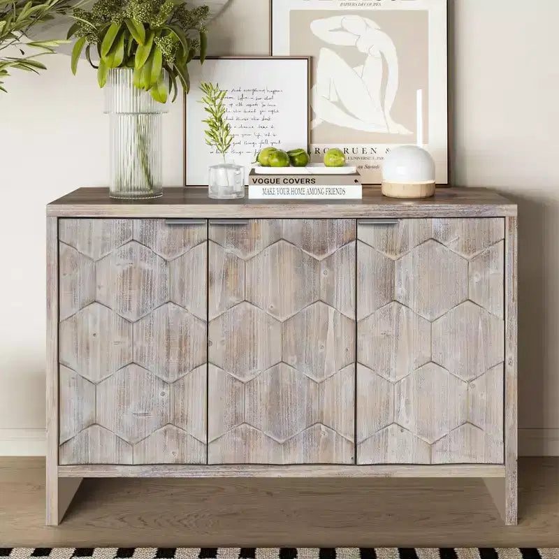 Farmhouse Accent Cabinet, Sideboard Cabinet with Four Carved Patterns Doors, Storage Cabinet for Kitchen, Dining Room, Entryway