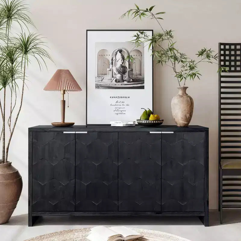 Farmhouse Accent Cabinet, Sideboard Cabinet with Four Carved Patterns Doors, Storage Cabinet for Kitchen, Dining Room, Entryway