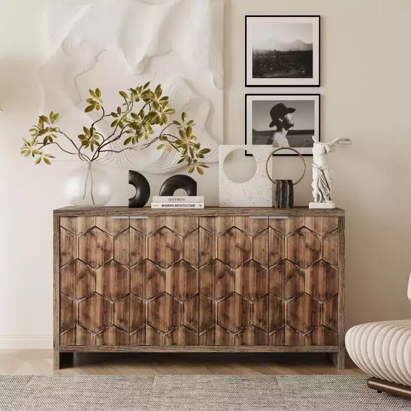 Farmhouse Accent Cabinet, Sideboard Cabinet with Four Carved Patterns Doors, Storage Cabinet for Kitchen, Dining Room, Entryway