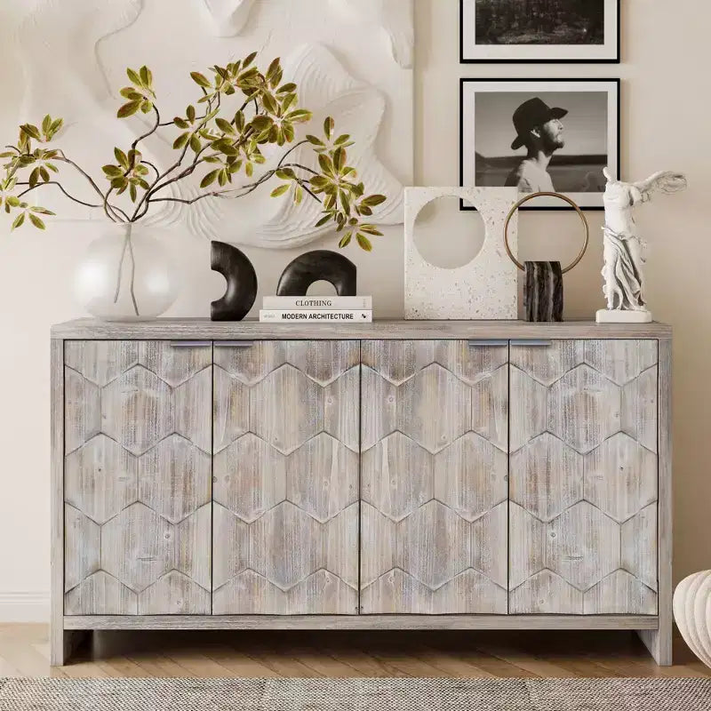 Farmhouse Accent Cabinet, Sideboard Cabinet with Four Carved Patterns Doors, Storage Cabinet for Kitchen, Dining Room, Entryway
