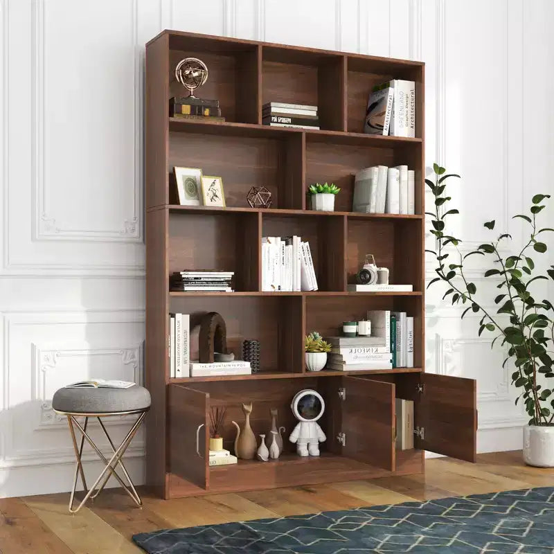 Cedric Modern 70.87'' 4-Tier Bookshelf with 10 Cubes and 3 Doors
