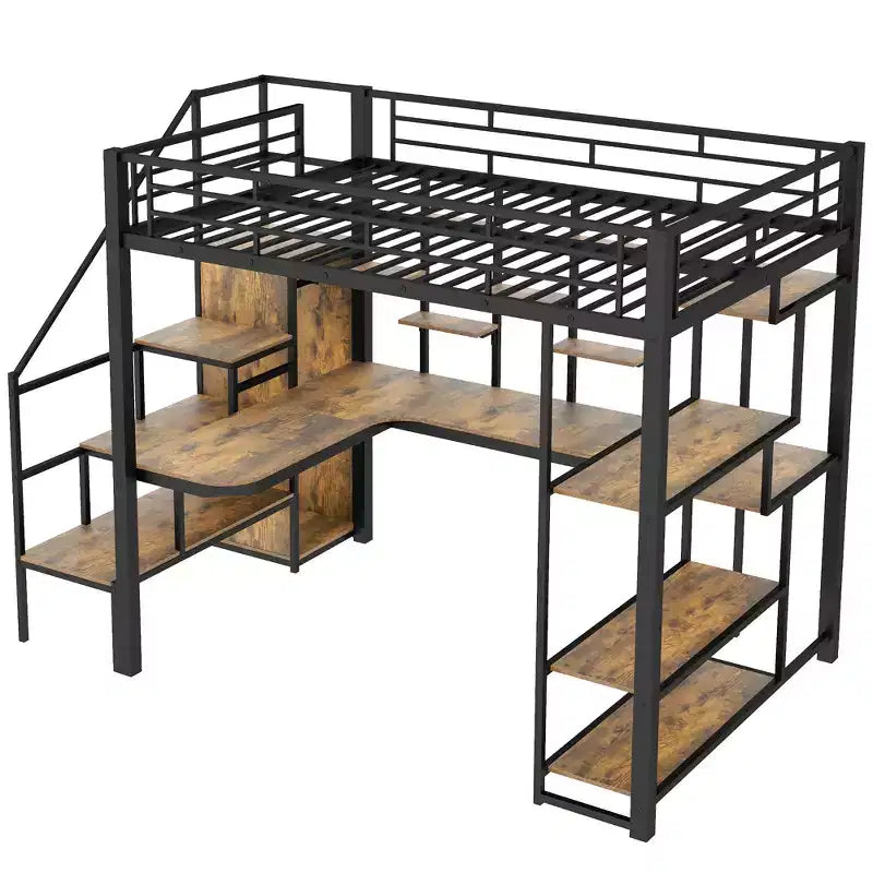 Full size Metal Loft Bed with Desk and Small Wardrobe, Full High Loft Bed with Storage Staircase and Shelves for Kids Teens Adults