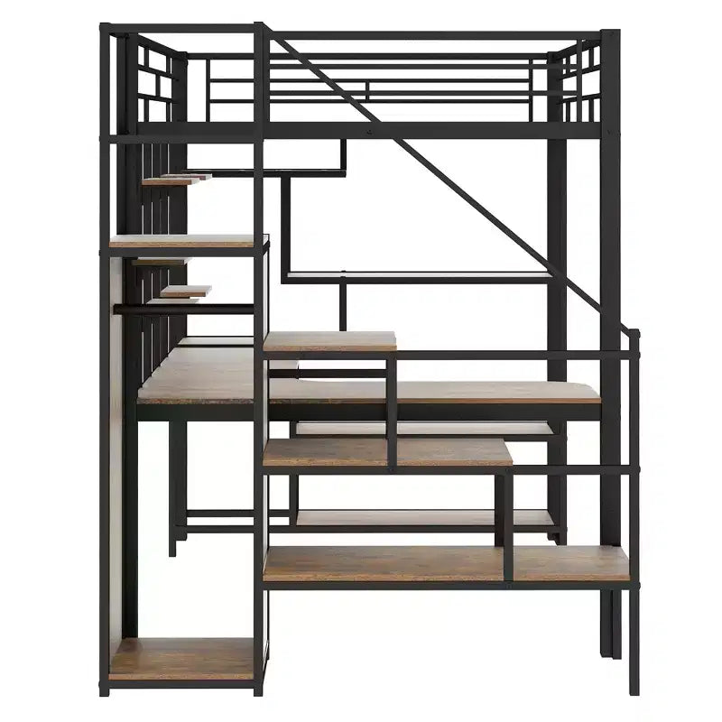 Full size Metal Loft Bed with Desk and Small Wardrobe, Full High Loft Bed with Storage Staircase and Shelves for Kids Teens Adults