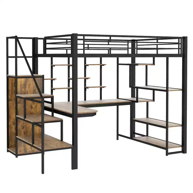 Full size Metal Loft Bed with Desk and Small Wardrobe, Full High Loft Bed with Storage Staircase and Shelves for Kids Teens Adults