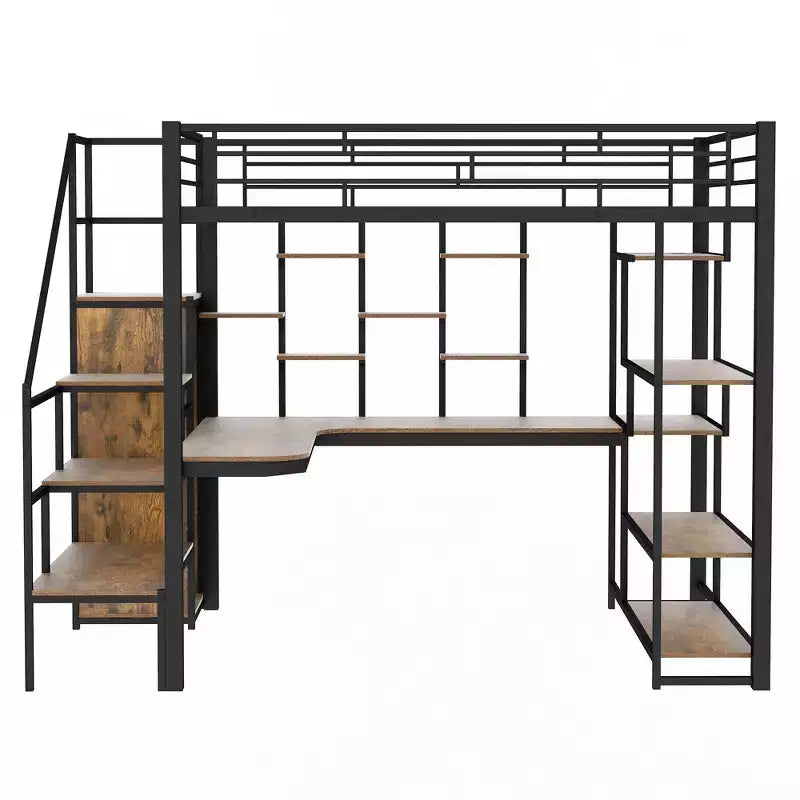 Full size Metal Loft Bed with Desk and Small Wardrobe, Full High Loft Bed with Storage Staircase and Shelves for Kids Teens Adults