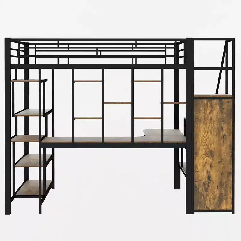 Full size Metal Loft Bed with Desk and Small Wardrobe, Full High Loft Bed with Storage Staircase and Shelves for Kids Teens Adults