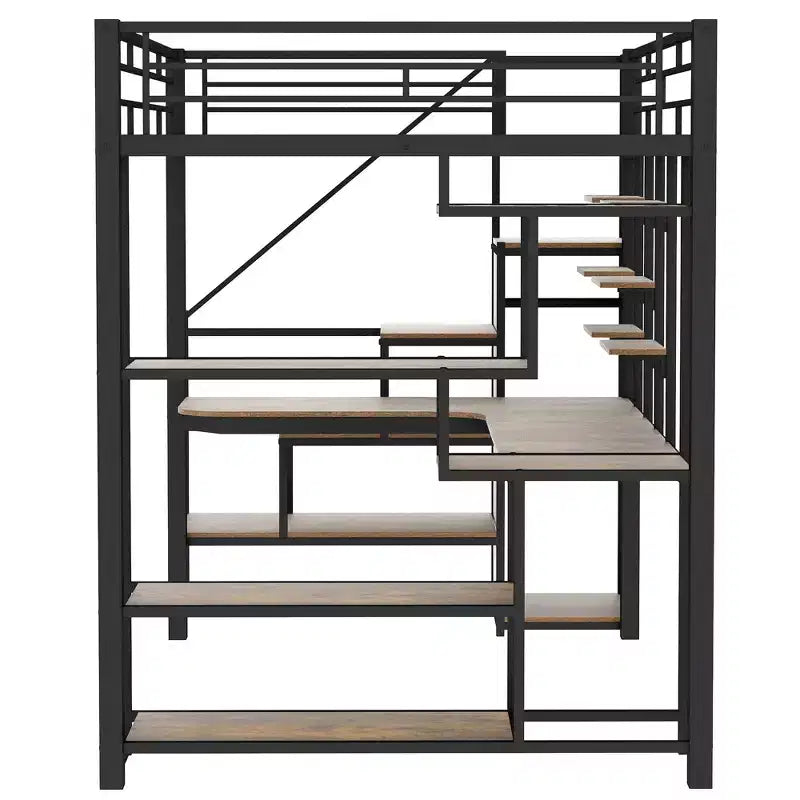 Full size Metal Loft Bed with Desk and Small Wardrobe, Full High Loft Bed with Storage Staircase and Shelves for Kids Teens Adults