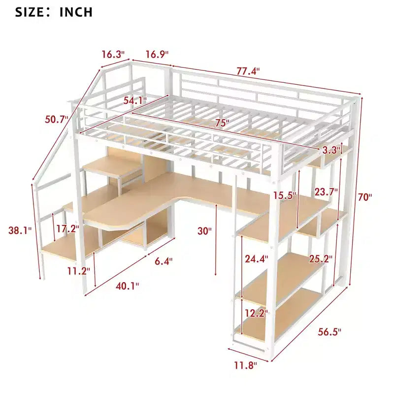Full size Metal Loft Bed with Desk and Small Wardrobe, Full High Loft Bed with Storage Staircase and Shelves for Kids Teens Adults