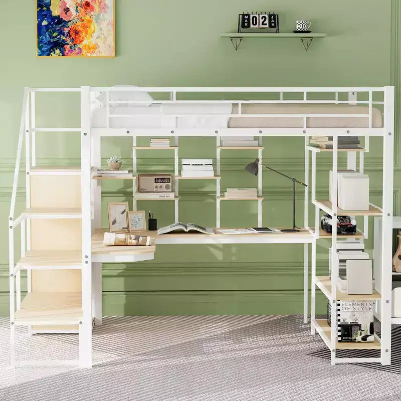 Full size Metal Loft Bed with Desk and Small Wardrobe, Full High Loft Bed with Storage Staircase and Shelves for Kids Teens Adults