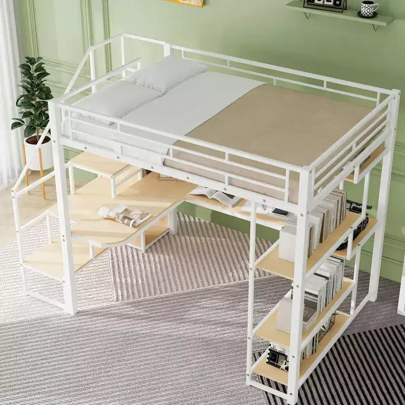 Full size Metal Loft Bed with Desk and Small Wardrobe, Full High Loft Bed with Storage Staircase and Shelves for Kids Teens Adults