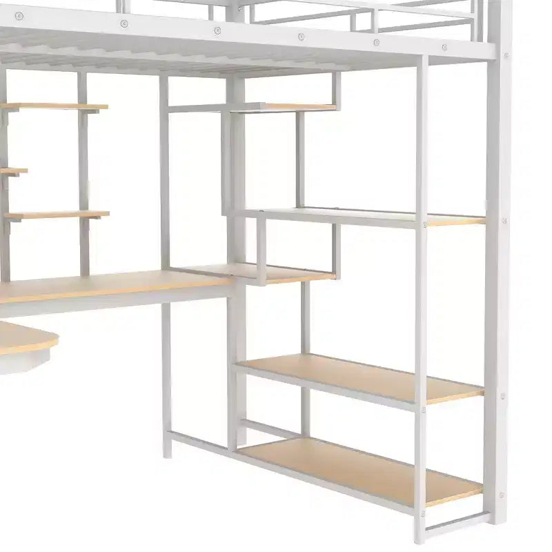 Full size Metal Loft Bed with Desk and Small Wardrobe, Full High Loft Bed with Storage Staircase and Shelves for Kids Teens Adults