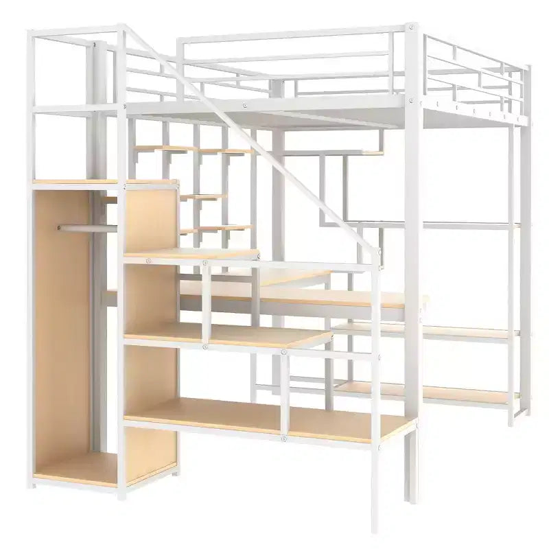 Full size Metal Loft Bed with Desk and Small Wardrobe, Full High Loft Bed with Storage Staircase and Shelves for Kids Teens Adults