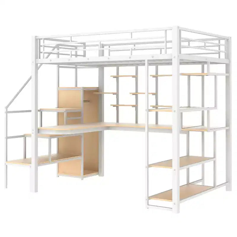 Full size Metal Loft Bed with Desk and Small Wardrobe, Full High Loft Bed with Storage Staircase and Shelves for Kids Teens Adults