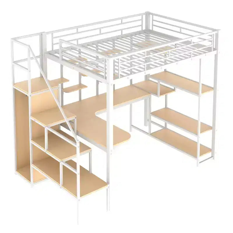 Full size Metal Loft Bed with Desk and Small Wardrobe, Full High Loft Bed with Storage Staircase and Shelves for Kids Teens Adults