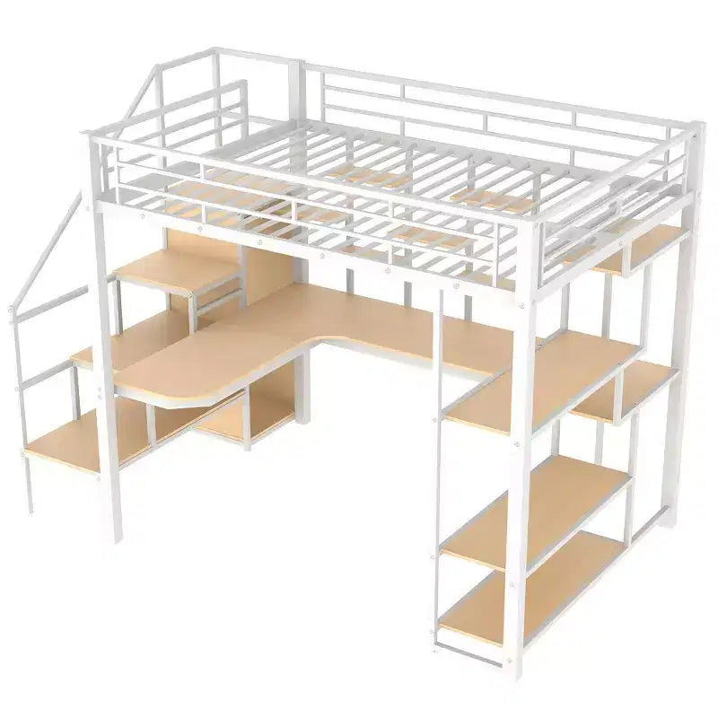 Full size Metal Loft Bed with Desk and Small Wardrobe, Full High Loft Bed with Storage Staircase and Shelves for Kids Teens Adults