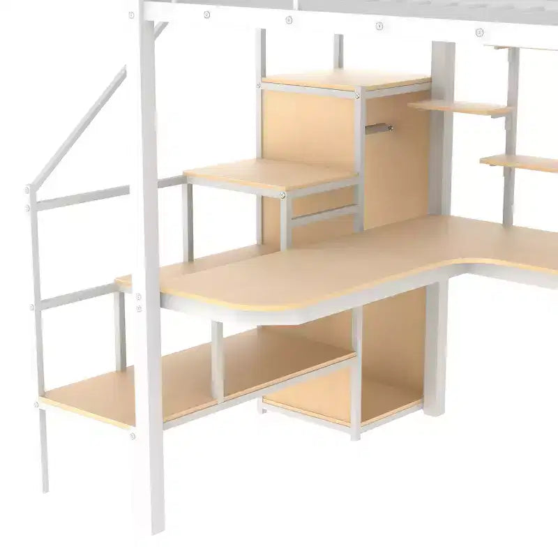 Full size Metal Loft Bed with Desk and Small Wardrobe, Full High Loft Bed with Storage Staircase and Shelves for Kids Teens Adults