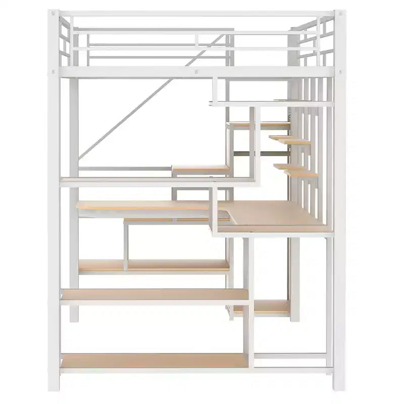 Full size Metal Loft Bed with Desk and Small Wardrobe, Full High Loft Bed with Storage Staircase and Shelves for Kids Teens Adults