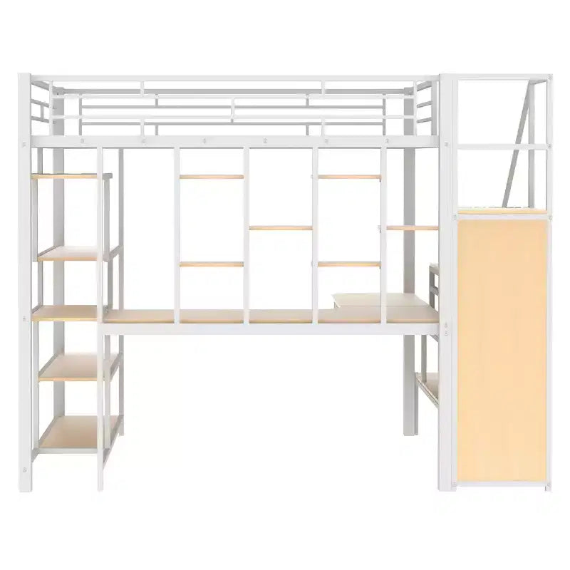Full size Metal Loft Bed with Desk and Small Wardrobe, Full High Loft Bed with Storage Staircase and Shelves for Kids Teens Adults