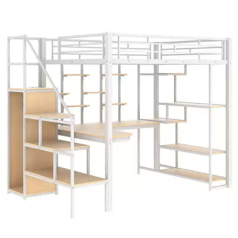 Full size Metal Loft Bed with Desk and Small Wardrobe, Full High Loft Bed with Storage Staircase and Shelves for Kids Teens Adults