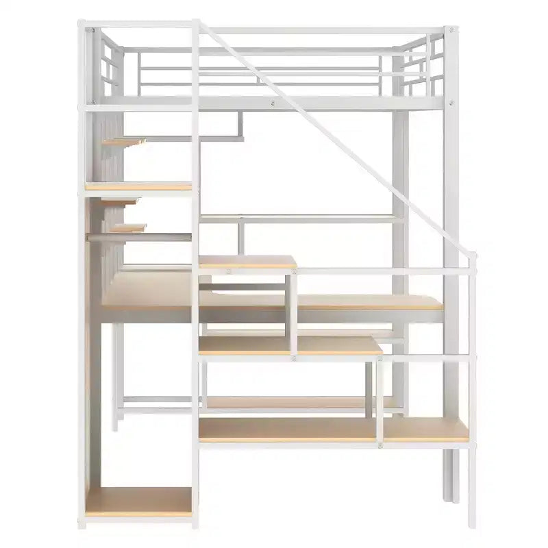 Full size Metal Loft Bed with Desk and Small Wardrobe, Full High Loft Bed with Storage Staircase and Shelves for Kids Teens Adults