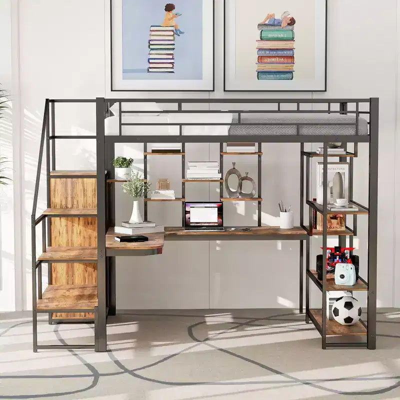 Full size Metal Loft Bed with Desk and Small Wardrobe, Full High Loft Bed with Storage Staircase and Shelves for Kids Teens Adults