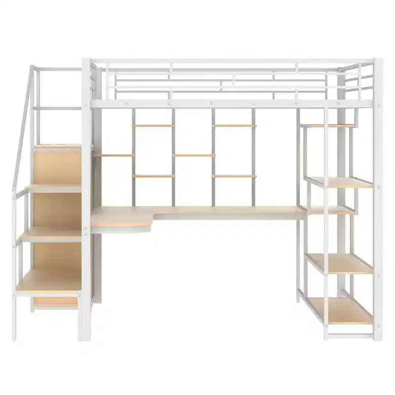 Full size Metal Loft Bed with Desk and Small Wardrobe, Full High Loft Bed with Storage Staircase and Shelves for Kids Teens Adults