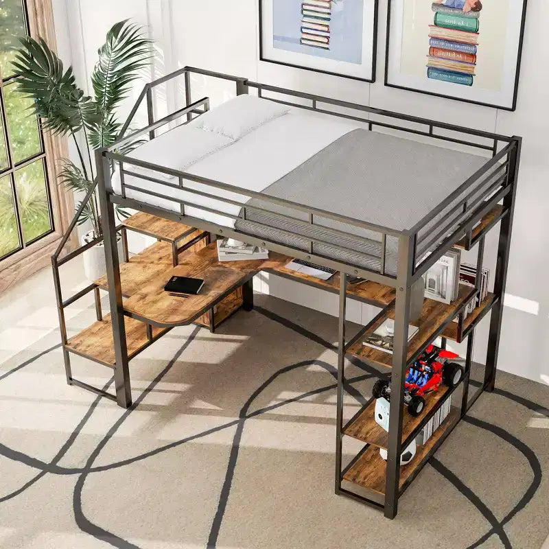 Full size Metal Loft Bed with Desk and Small Wardrobe, Full High Loft Bed with Storage Staircase and Shelves for Kids Teens Adults