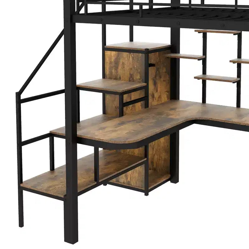 Full size Metal Loft Bed with Desk and Small Wardrobe, Full High Loft Bed with Storage Staircase and Shelves for Kids Teens Adults