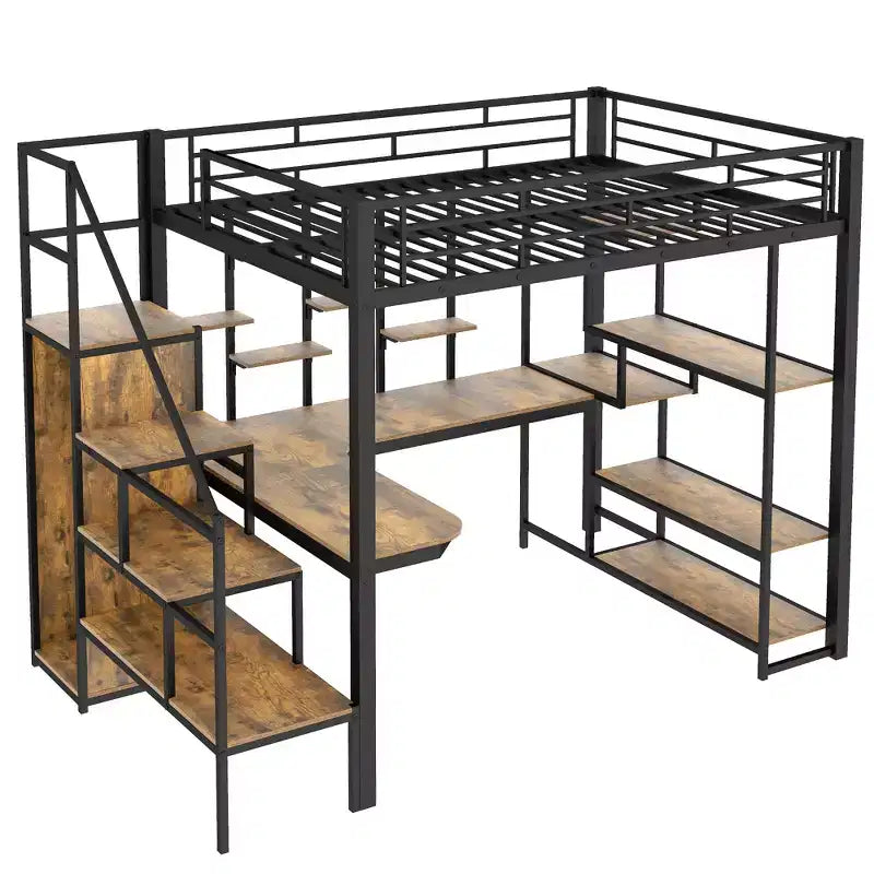 Full size Metal Loft Bed with Desk and Small Wardrobe, Full High Loft Bed with Storage Staircase and Shelves for Kids Teens Adults