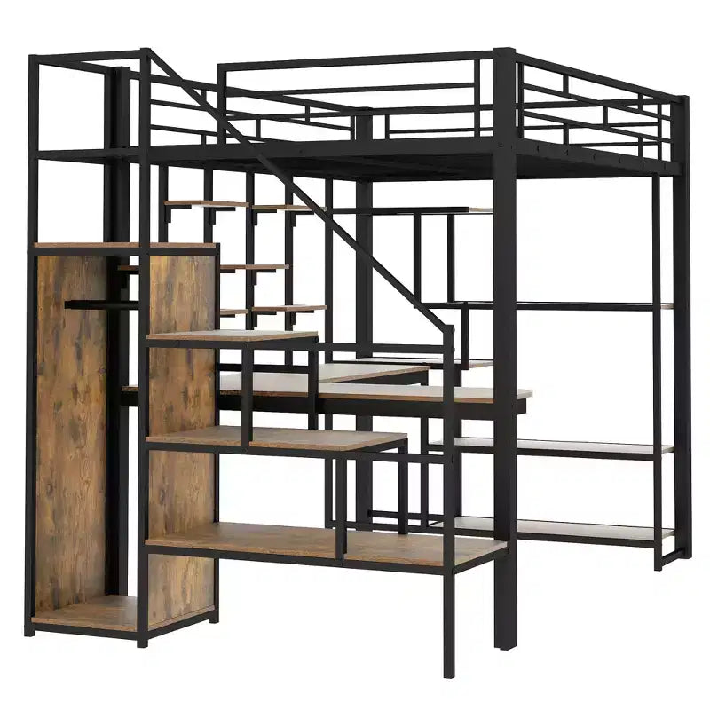 Full size Metal Loft Bed with Desk and Small Wardrobe, Full High Loft Bed with Storage Staircase and Shelves for Kids Teens Adults