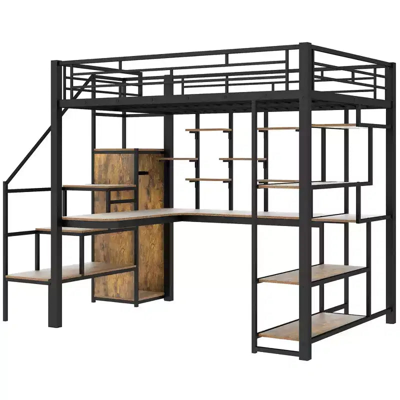 Full size Metal Loft Bed with Desk and Small Wardrobe, Full High Loft Bed with Storage Staircase and Shelves for Kids Teens Adults